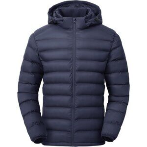 Men’s Navy 100% Nylon Hooded Zip-Up Lightweight Warm Winter Puffer Jacket